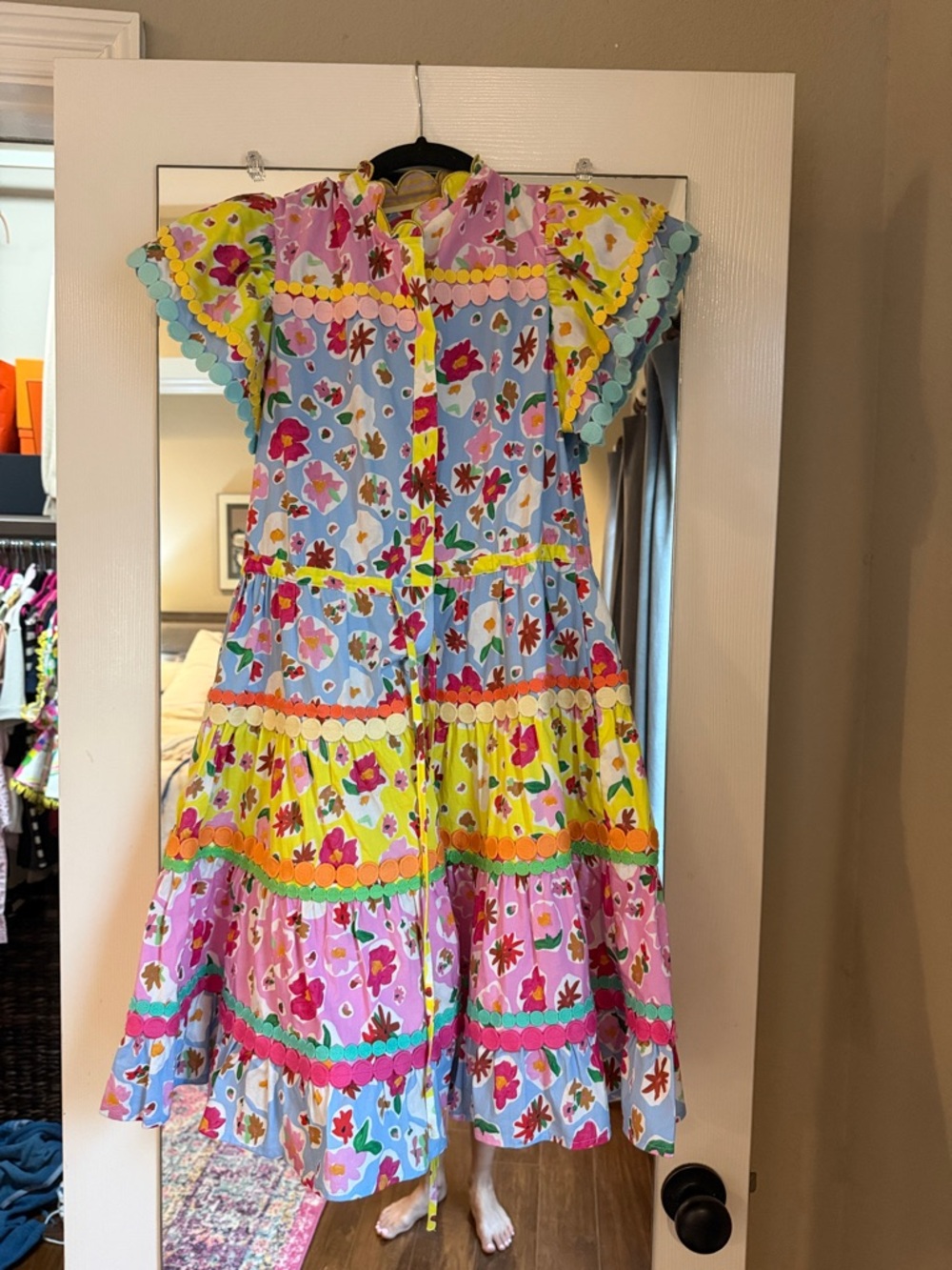CeliaB 

 Multicolor Floral Tiered Dress with Pom Trim